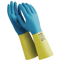 Перчатки латексно-неопреновые х/б напыление р-р 9-9,5 ( L) синие/желтые MANIPULA СОЮЗ