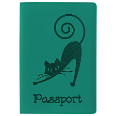 Обложка для паспорта вертик полиуретан STAFF КОШКА бирюзовая