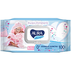 Салфетки влажные детские 100шт очищающие с клапаном AURA ULTRA COMFORT