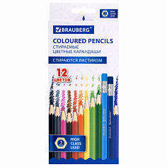 Карандаши 12цв шестигранные заточенные BRAUBERG ERASABLE мягкие с ластиком